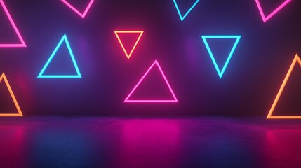 Fototapeta premium Vibrant neon triangles with glowing colors against a dark background.