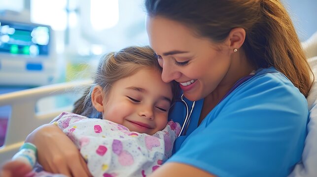 Canadian pediatric nurse comforting child in a hospital bed warm and caring environment focus on child healthcare