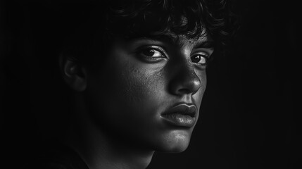 Portrait of a young man with curly hair gazing thoughtfully into the distance against a dark background
