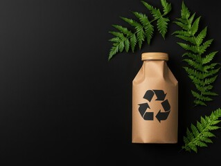 Recyclable bottle with fern leaves, black background