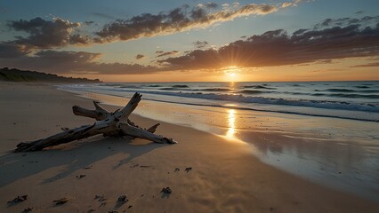 Deserted Beach with Driftwood and Calm Ocean Waves: Serene Sunset Coastal Scene