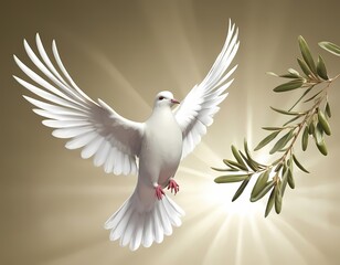Obraz premium A graceful white dove in flight amid olive branches, biblical story, Christianity, dove of peace