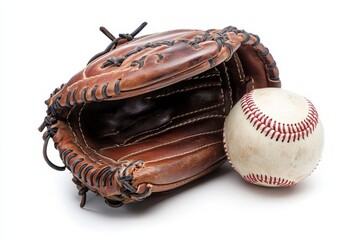 Close-up of a baseball glove and ball, isolated.