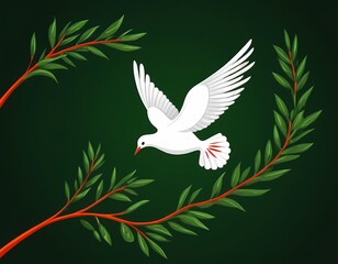 Obraz premium A graceful white dove in flight amid olive branches, biblical story, Christianity, dove of peace