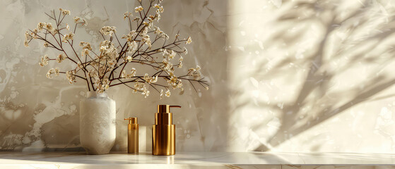 Luxury, marble interior of bathroom with countertop, golden accessories, cosmetics, product bottles, furniture. Minimal design. Generative ai	