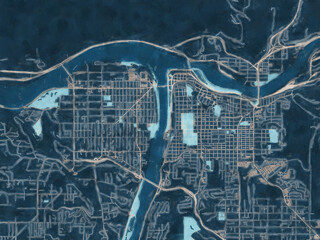 Painterly Style City Map of Lewiston Idaho, USA in a Blue Color Scheme.