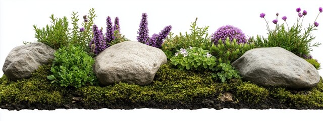 3D Rendering of a Scented Flower Bed with Moss, Rocks, and Plants, Isolated on a White Background, Highlighting Natural Elements in a Clean Cutout Format.