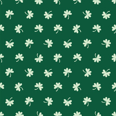 saint patricks day shamrock seamless pattern, white clover leaves on dark green background