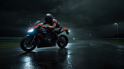 High-Speed Motorcycle Racing Down a Rain-Soaked Road at Night