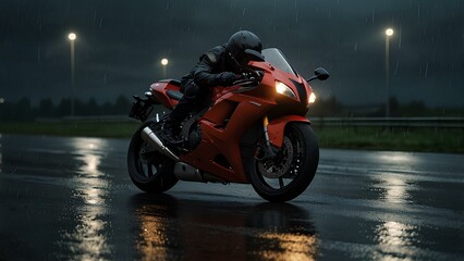 High-Speed Motorcycle Racing Down a Rain-Soaked Road at Night