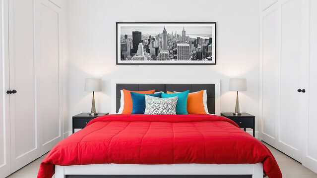 A modern and neatly arranged bedroom featuring a large bed with a bright red comforter.