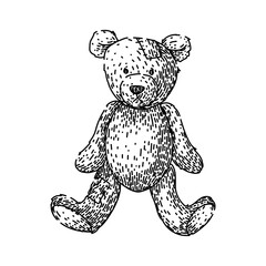 cuddly teddy bear hand drawn. soft toy, stuffed cute, hug comfort cuddly teddy bear vector sketch. isolated black illustration