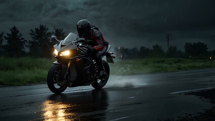 High-Speed Motorcycle Racing Down a Rain-Soaked Road at Night