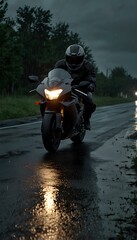 Obraz premium High-Speed Motorcycle Racing Down a Rain-Soaked Road at Night