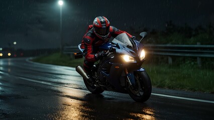 High-Speed Motorcycle Racing Down a Rain-Soaked Road at Night