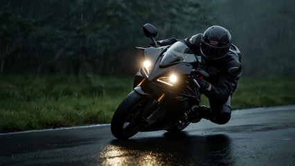 High-Speed Motorcycle Racing Down a Rain-Soaked Road at Night