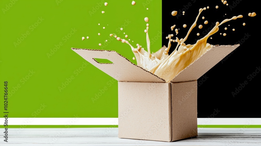 Poster splashing liquid from open box on colorful background