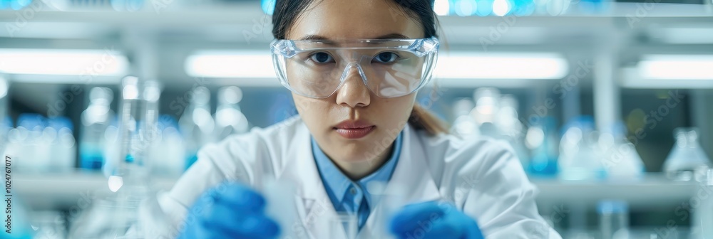 Poster focused scientist in lab with safety goggles conducting research experiments surrounded by lab equip