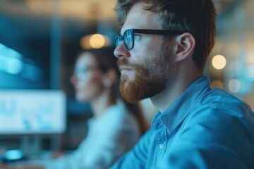 Focused professionals working on computers in a modern office setting, showcasing teamwork and technology in a business environment.