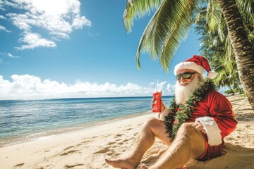 Santa Claus relaxes on a sunny beach with a tropical drink and palm trees surrounding him during the Christmas holiday. With copy space for text. © Vitalii Shkurko