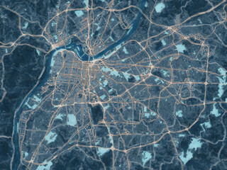 Painterly Style City Map of Louisville Kentucky, USA in a Blue Color Scheme.