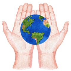 Two hands turned up and planet earth. Watercolor illustration of human palm isolated on white background. For design, cards, posters, flyers, decor