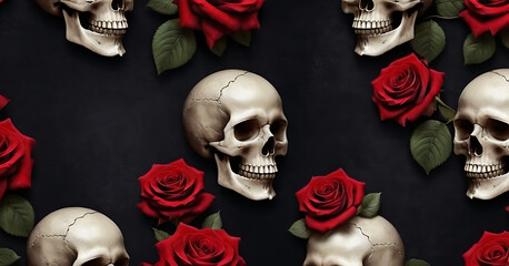 A gothic pattern of skulls and red roses on a black background. Ideal for Halloween decorations, rock music posters, or designs with a dark, romantic, or macabre theme. - Powered by Adobe