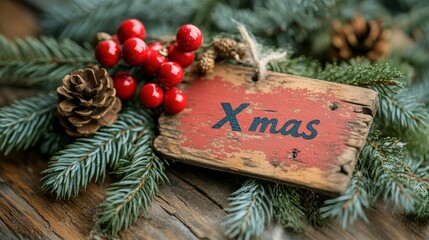 A beautifully rustic Christmas decoration featuring evergreen pine branches, red berries, pinecones, and a weathered wooden sign with the word Xmas in festive surroundings