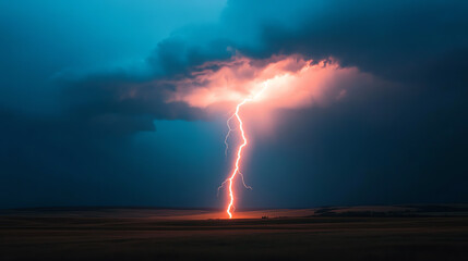A striking image of a lightning bolt illuminating the dark storm clouds above a vast landscape during a thunderstorm.