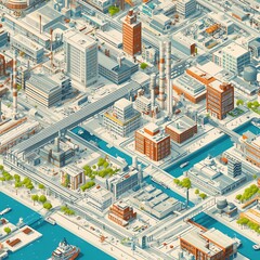 Fototapeta premium A detailed isometric illustration of a bustling city with buildings, factories, and waterways.