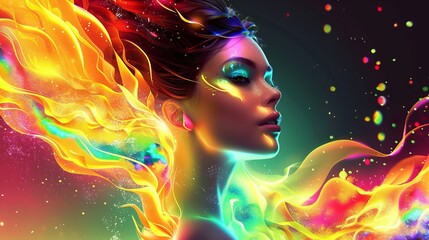 Fototapeta premium Enchanting neon portrait of a woman in vibrant colors and digital abstract art.