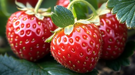 Close-up of ripe red strawberries with green leaves in a garden, showcasing their vibrant color and juicy texture perfect for summer.