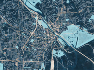 Painterly Style City Map of Macon Georgia, USA in a Blue Color Scheme.