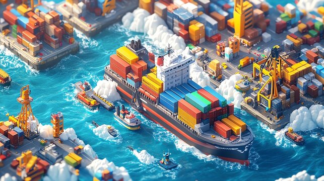 A large container ship is docked at a busy port, surrounded by smaller vessels and industrial buildings. The scene is depicted in a stylized, pixelated art style.