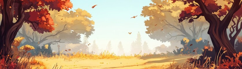 Enchanting Autumn Landscape with Vibrant Foliage and Tranquil Path