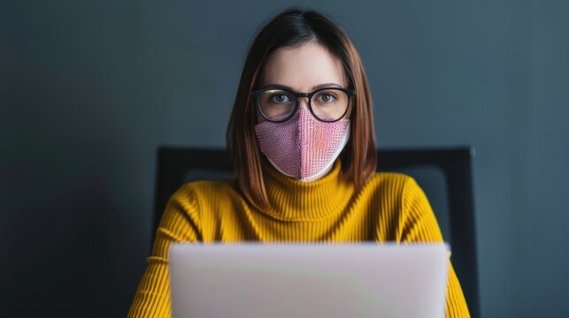 Woman wearing glasses and a face mask working on a laptop. Modern workspace, health protection, and remote work concept.