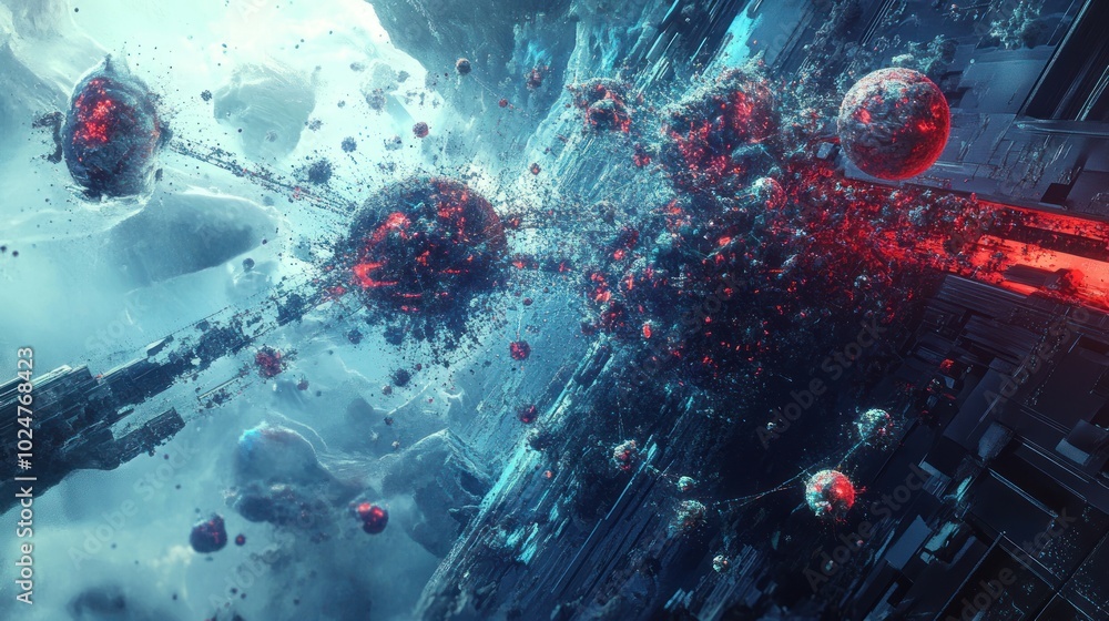 Poster abstract space scene with glowing red spheres and geometric structures