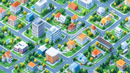 Obraz premium An aerial view of a bustling city with diverse architecture, green spaces, and a complex network of streets.