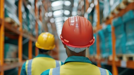 Workers in safety gear navigate a busy warehouse aisle, emphasizing teamwork and logistics in a bustling industrial setting.