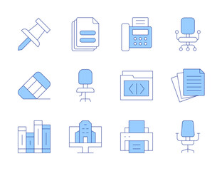 Office icons. Line Duotone style, editable stroke. paper, rubber, office, documents, office chair, fax, folder, chair, printer, binder, push pin