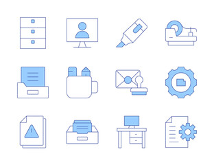 Office icons. Line Duotone style, editable stroke. workspace, archives, tape, highlighter, folder, cabinet, online, pencil box, gear, file, mail, document