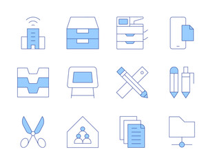 Office icons. Line Duotone style, editable stroke. table, archive, pen, company, file, scissors, pencil, printer, office, inbox, folder
