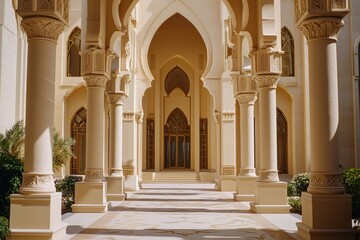 Fototapeta premium A view down a hallway with ornate columns.