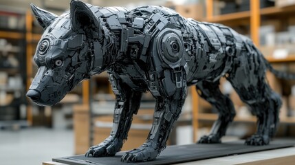 A robotic dog sculpture crafted from mechanical parts.