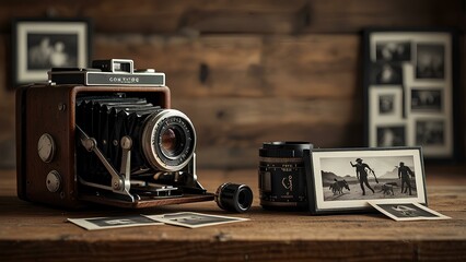 Vintage Camera with Film Rolls on a Wooden Desk – Timeless Photography Setup