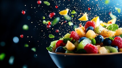 Colorful and tangy fruit chaat with mixed fruits tossed in chaat masala and lemon juice