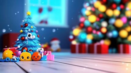  Documentary-Style 3D Illustration of a Kids' Playroom with a Colorful Christmas Tree and Toys, Capturing Festive Fun and Joyful Holiday Spirit with Warm Natural Lighting.