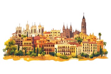 Fototapeta premium A vibrant illustration of a historic city skyline with diverse architecture and greenery.