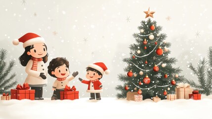 A family gathered around a Christmas tree, sharing joyful moments, isolated on white background. 