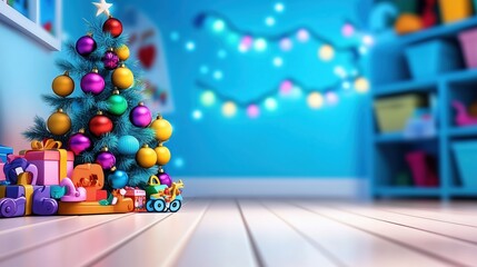  Documentary-Style 3D Illustration of a Kids' Playroom with a Colorful Christmas Tree and Toys, Capturing Festive Fun and Joyful Holiday Spirit with Warm Natural Lighting.